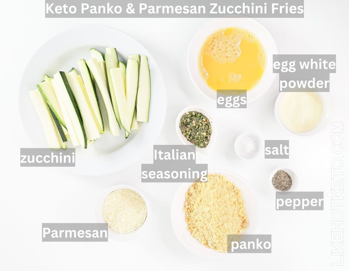 Gathered and labeled ingredients for keto and gluten-free zucchini fries recipe.