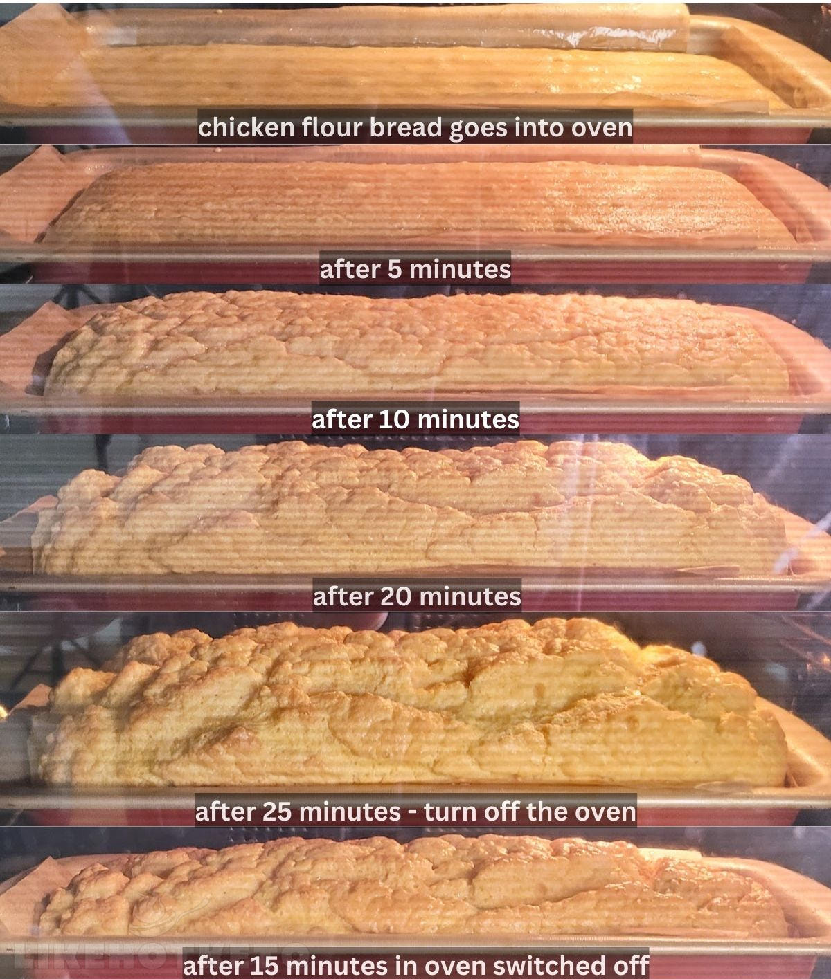 Collage of chicken flour bread baking in the oven, from the moment it goes into the oven through minutes 5, 10, 20, oven off and ready.