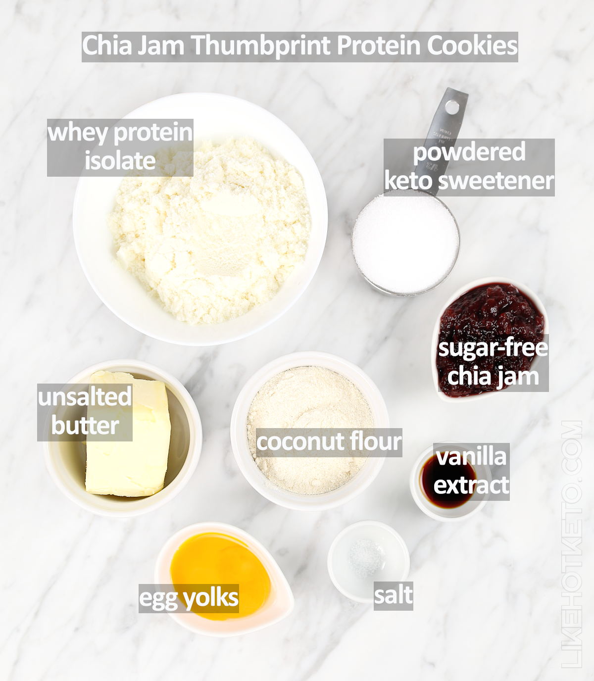 Ingredients for keto thumbprint cookies with chia jam: whey protein, coconut flour, egg yolks, unsalted butter, keto sweetener, salt and sugar-free jam.