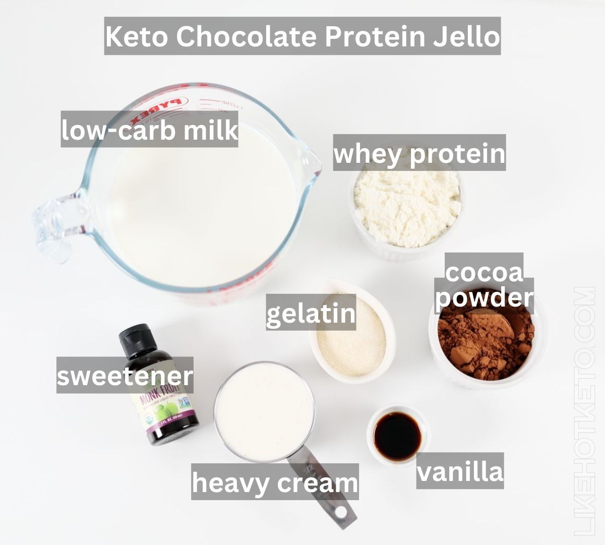 Gathered ingredients for keto chocolate protein jello recipe.