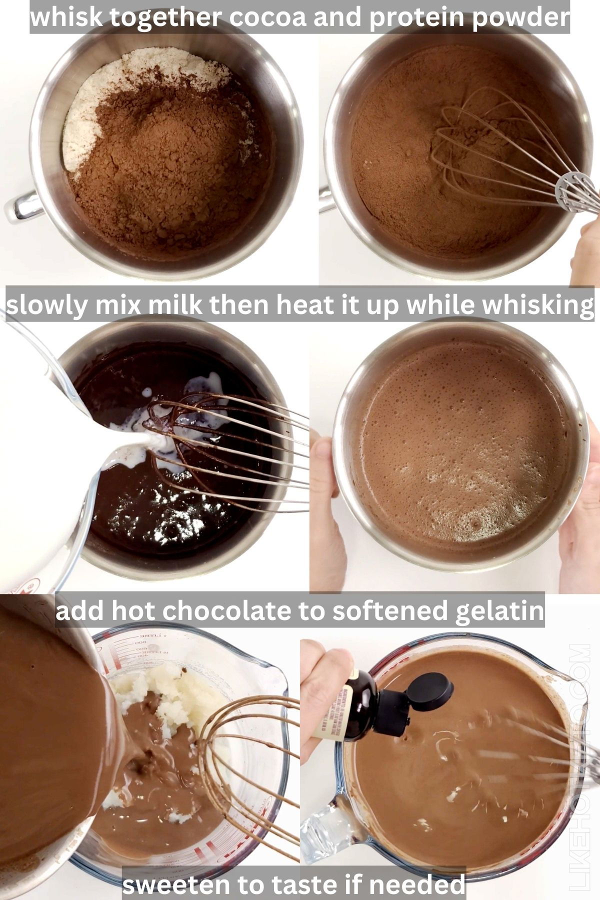 How to make chocolate jello steps: Mixing dry ingredients, adding milk, pouring the hot chocolate protein mixture over the softened gelatin, and adding monk fruit sweetener drops.
