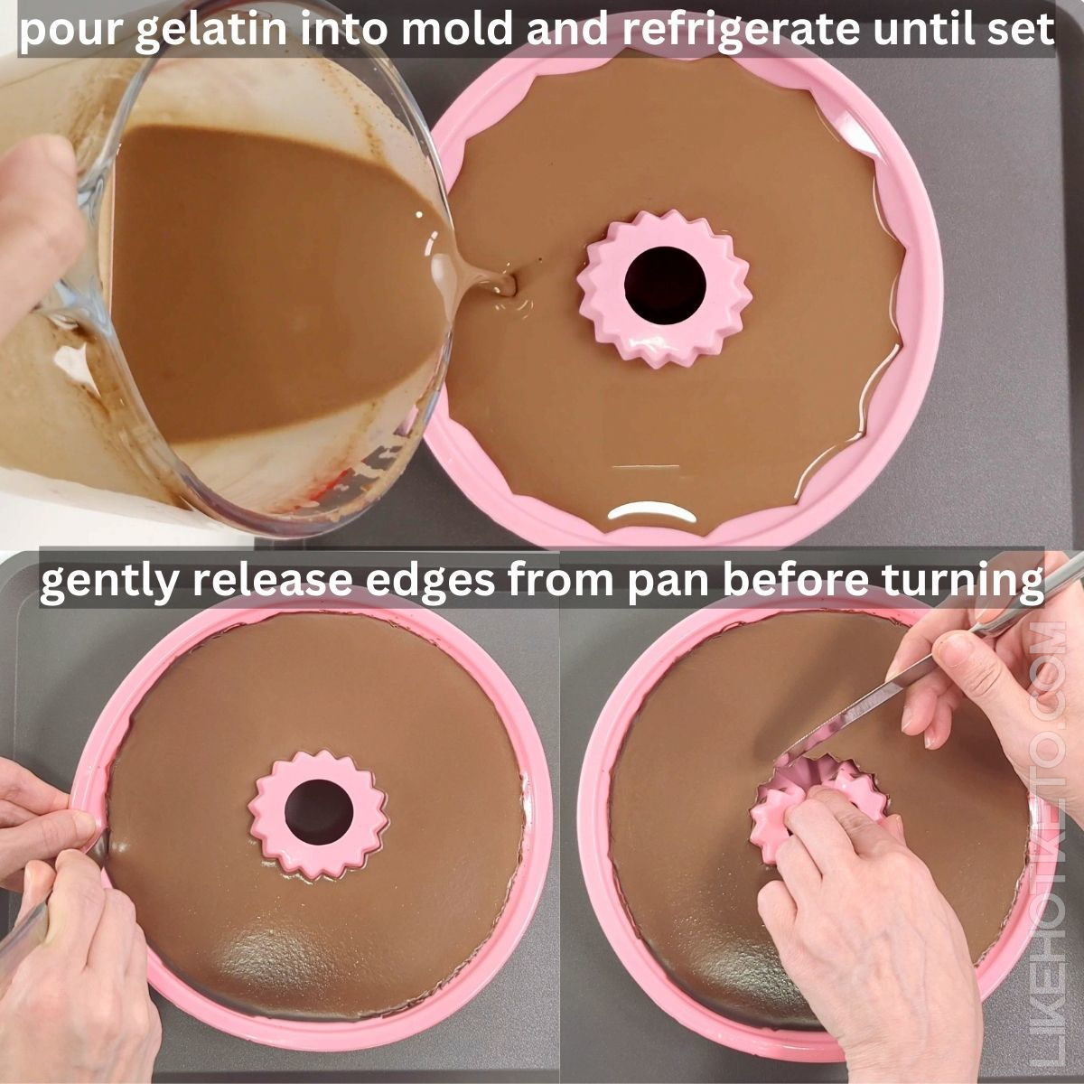 Pouring the chocolate protein jello into a silicone mold, then loosening the edges of the set jello with a knife before unmolding.