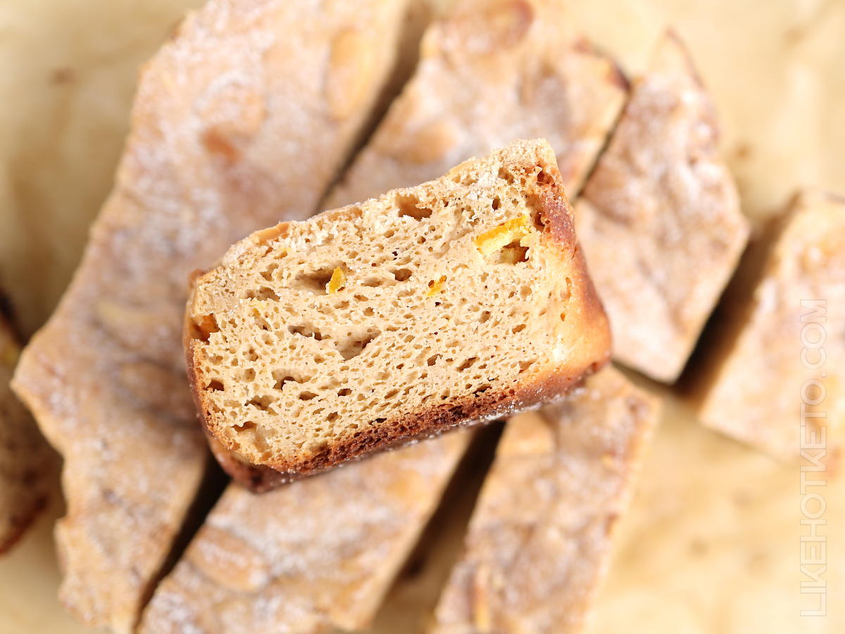Low-carb Italian colomba bread slice, on its side to display the fluffy texture and golden crumb.