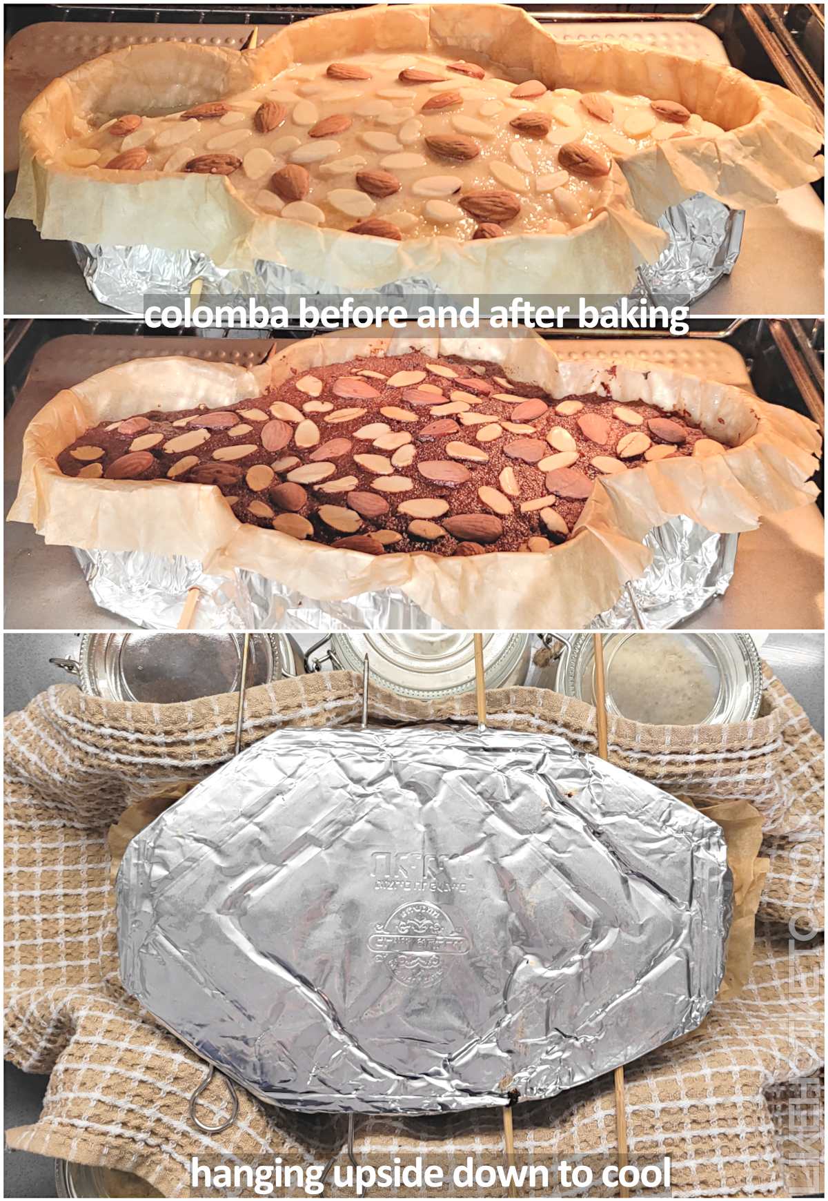 Keto colomba in the oven, before and after baking, and hanging upside down to cool supported by six mason jars.