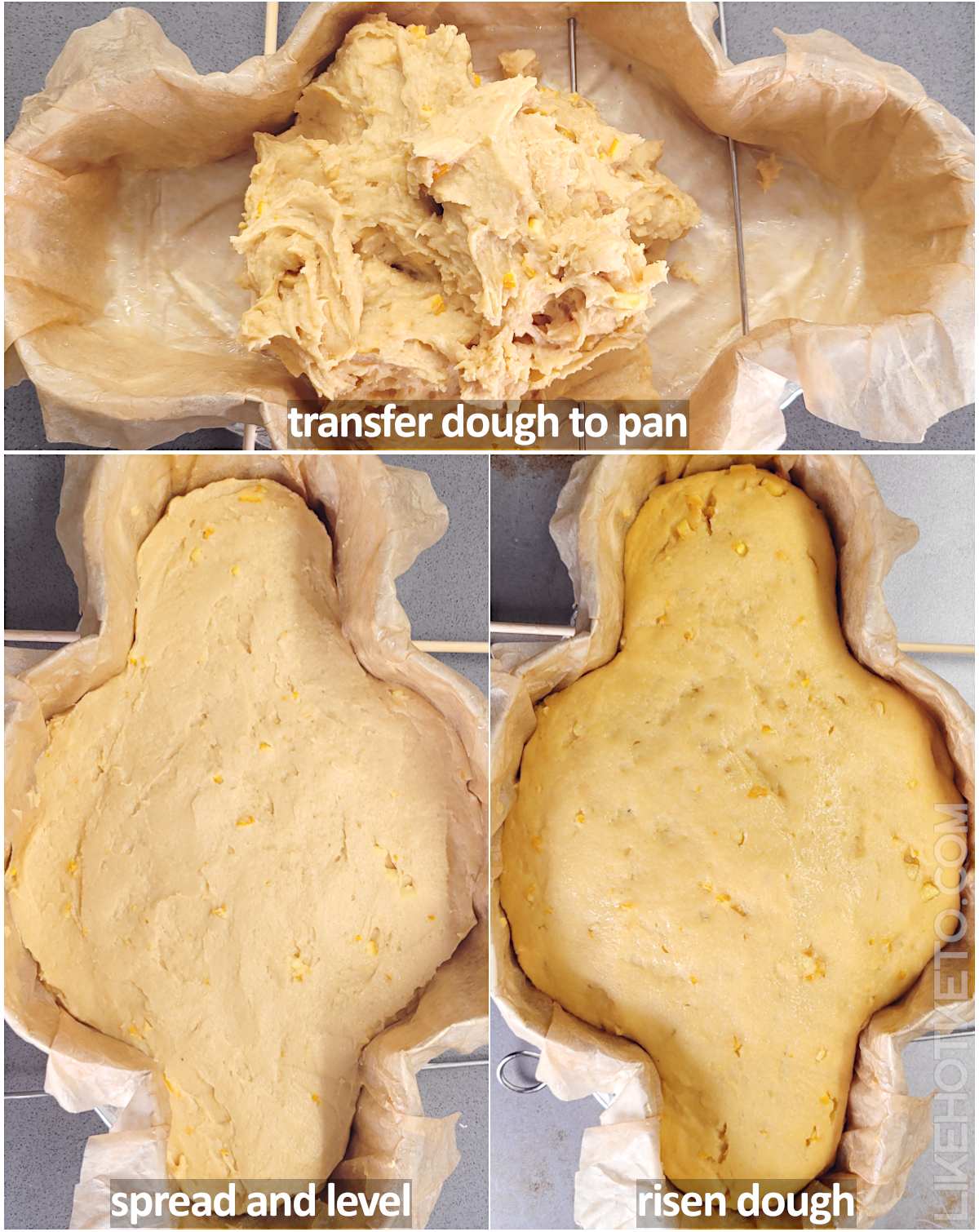 Keto colomba dough in the dove pan with oiled parchment paper, then spread and level, and fully risen.