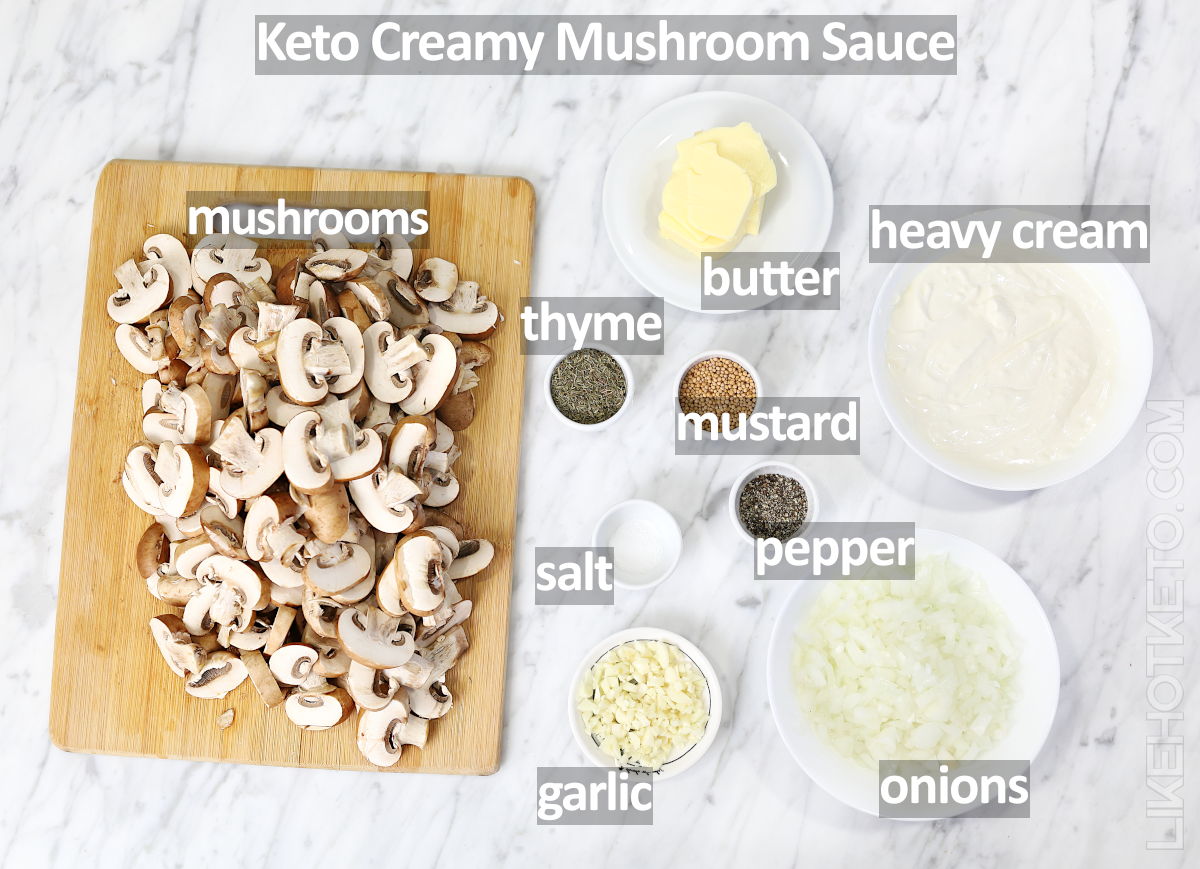 The ingredients for keto creamy mushroom sauce recipe.