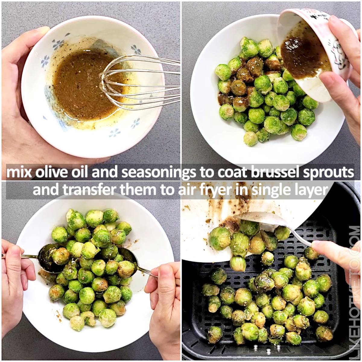 Step by step of how to prepare Brussel sprouts for air frying.