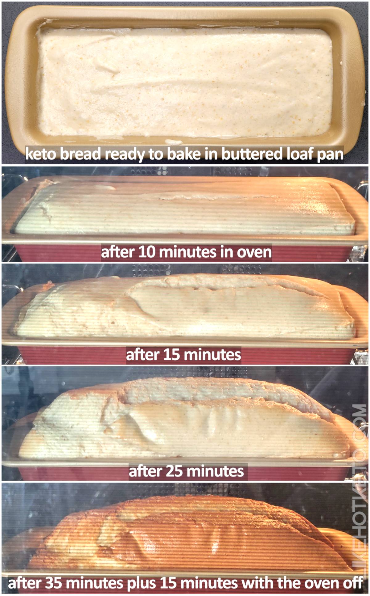 The keto egg white bread batter inside the loaf pan, then inside the oven showing it growing as it bakes.
