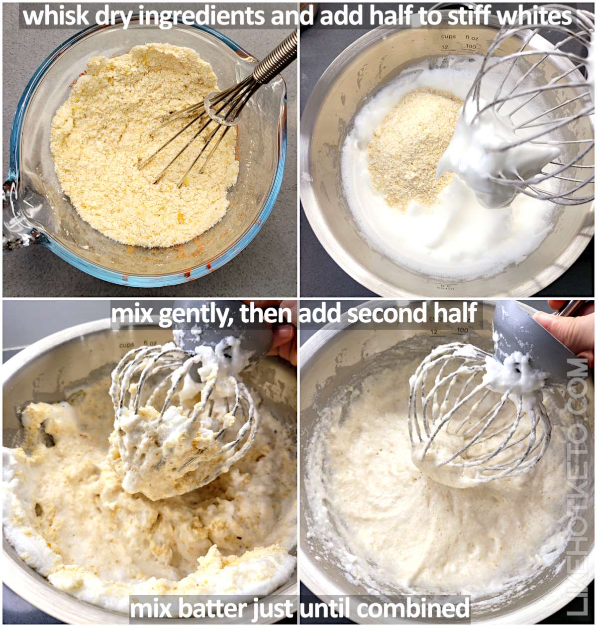 How to mix the keto protein sparing bread loaf batter: whisking  the dry ingredients and combining them with the egg whites.