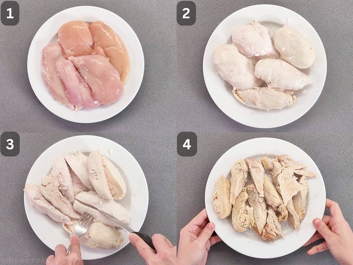 Collage of whole raw chicken breasts, then cooked, then cut in halves, and lastly overcooked until dried out.