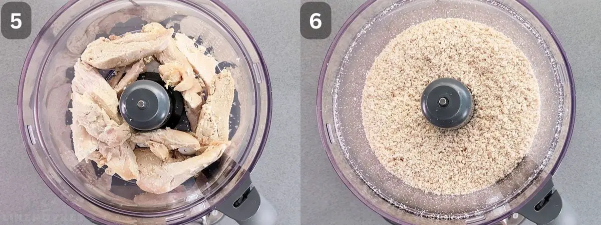 Chopped cooked chicken breasts in food processors, then powdered.