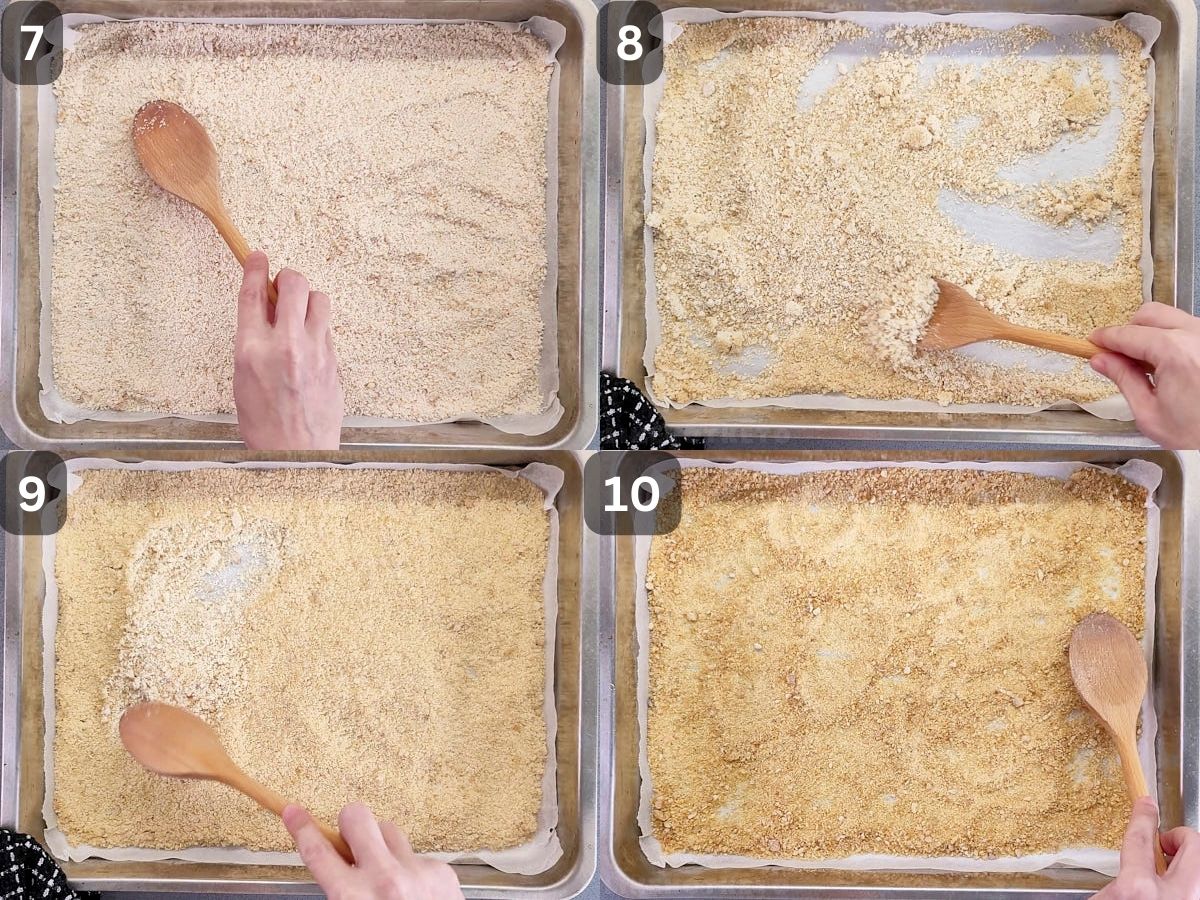Four-image collage of processed chicken breast powder spread on a baking tray, flipping the powder after 10 minutes in the oven, after 20 minutes, and after 30 minutes.