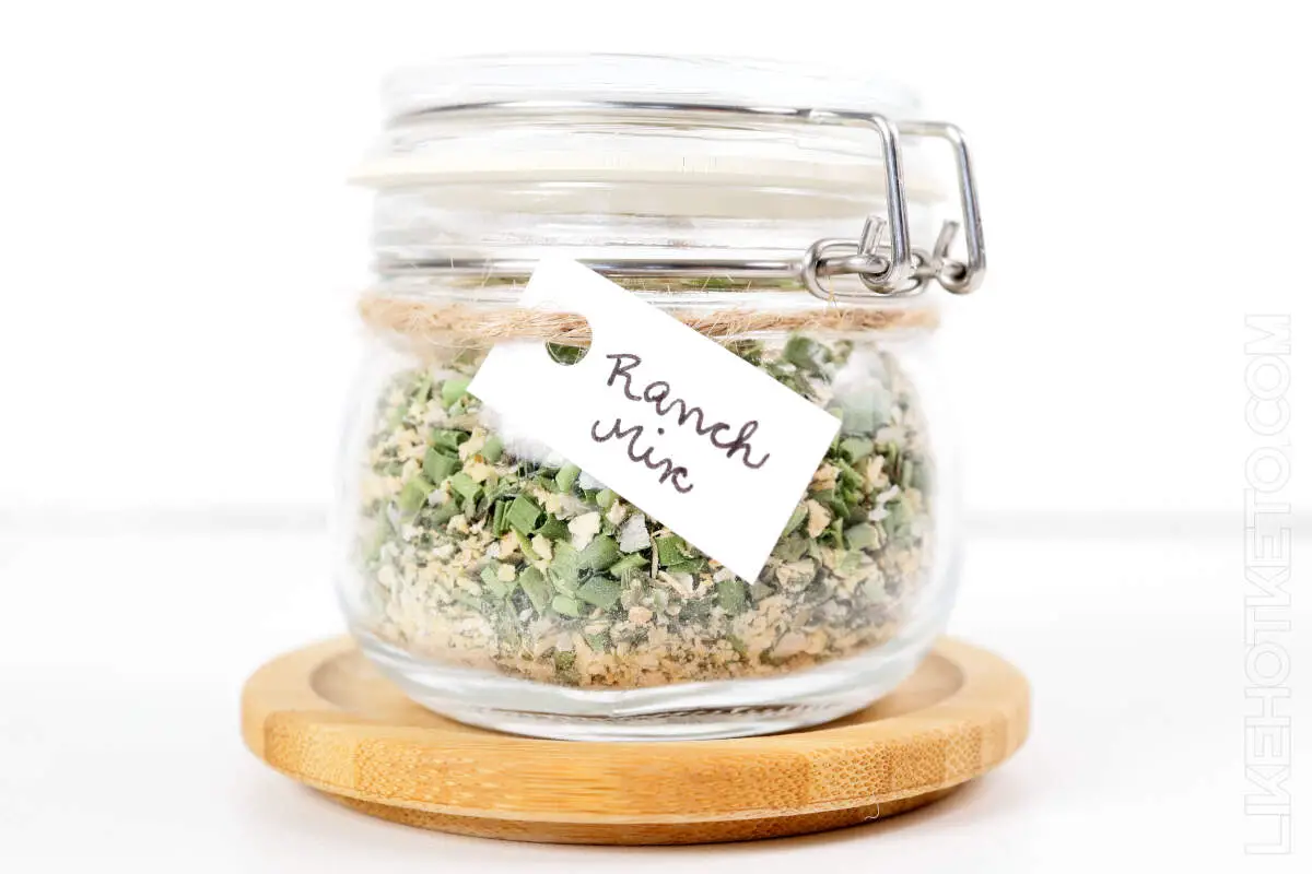 Jar of homemade dry ranch packet with hand written label.
