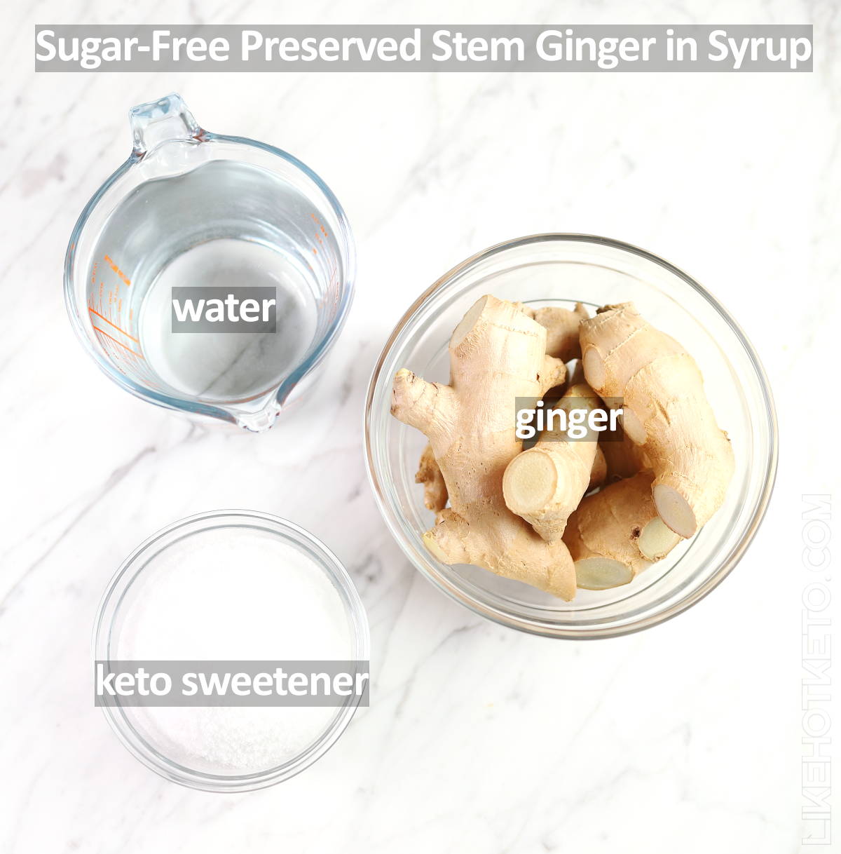 Ingredients for keto preserved ginger - water, sweetener and stem ginger.