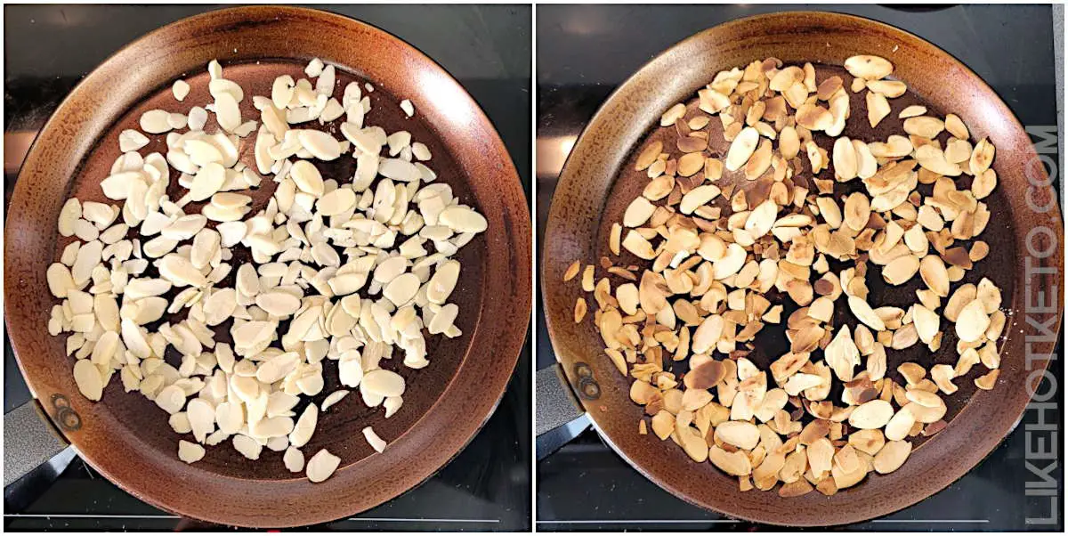 Comparison of sliced almonds in pan, before and after toasting.