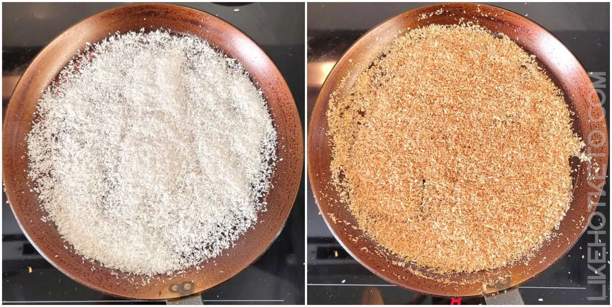 Comparison of shredded coconut in pan, before and after toasting.