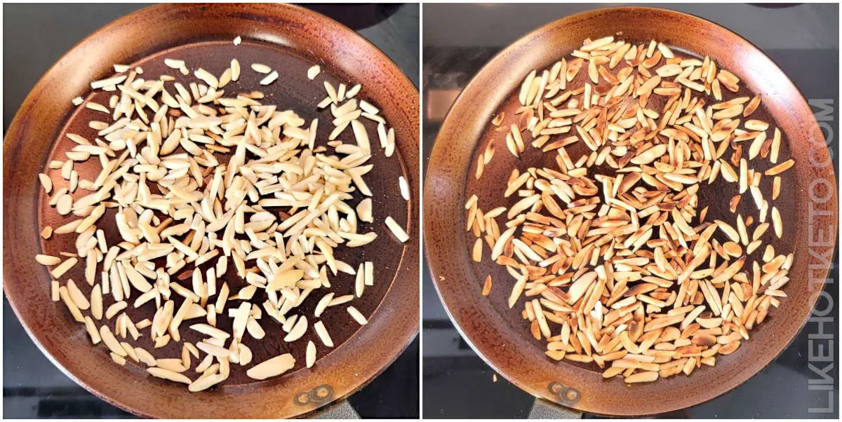Comparison of slivered almonds in pan, before and after toasting.