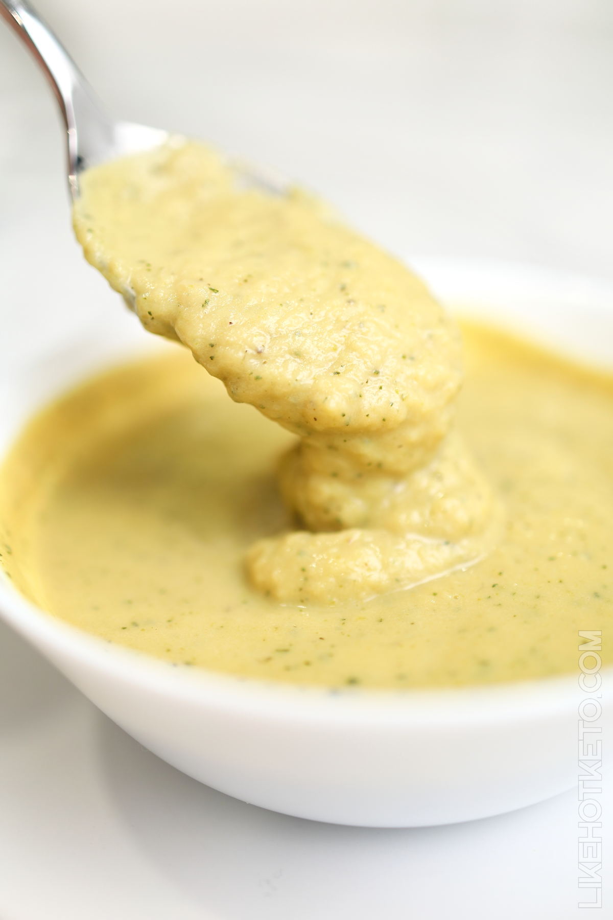 A spoonful of keto Irish leek soup with pea protein powder.