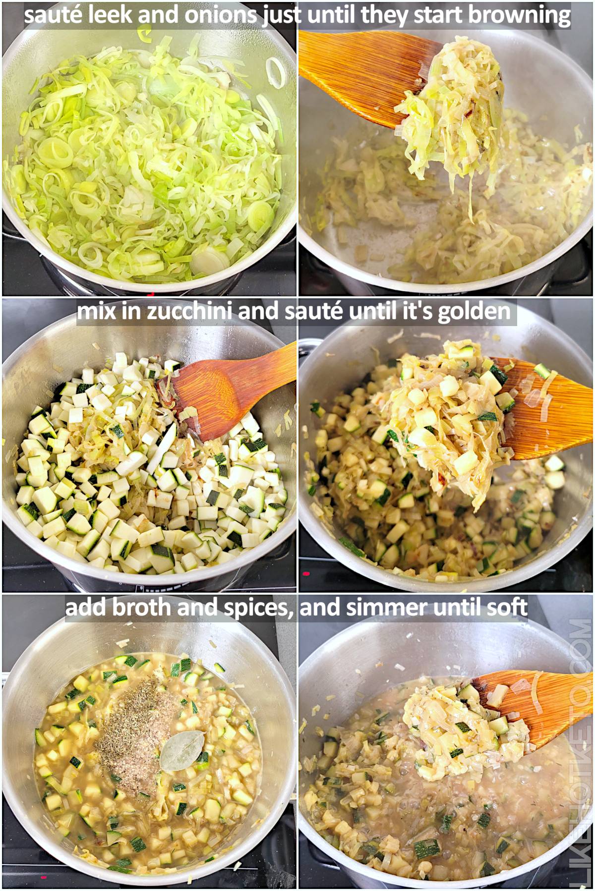 Steps of making the keto Irish leek soup, sautéing the veggies and adding the broth.