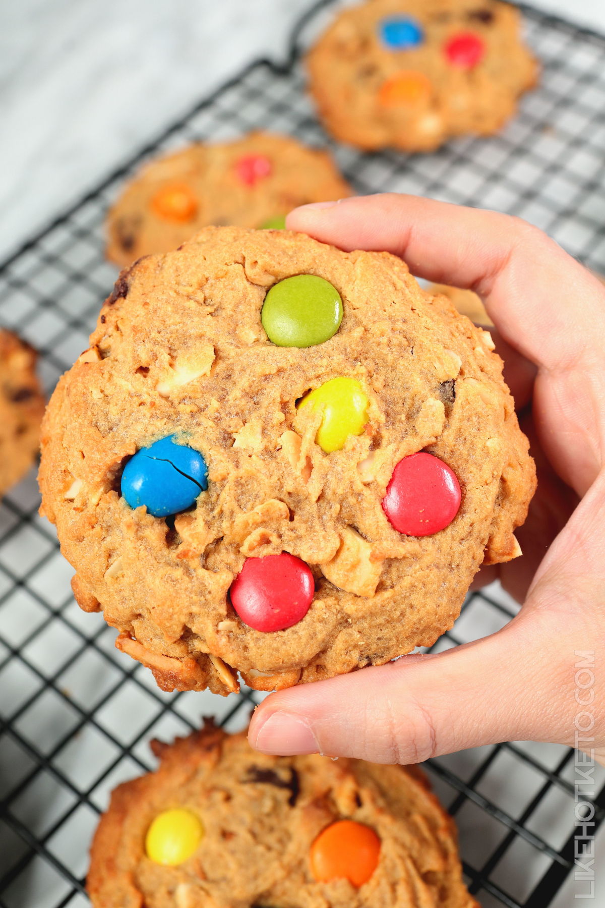 Keto monster cookie with M&Ms.