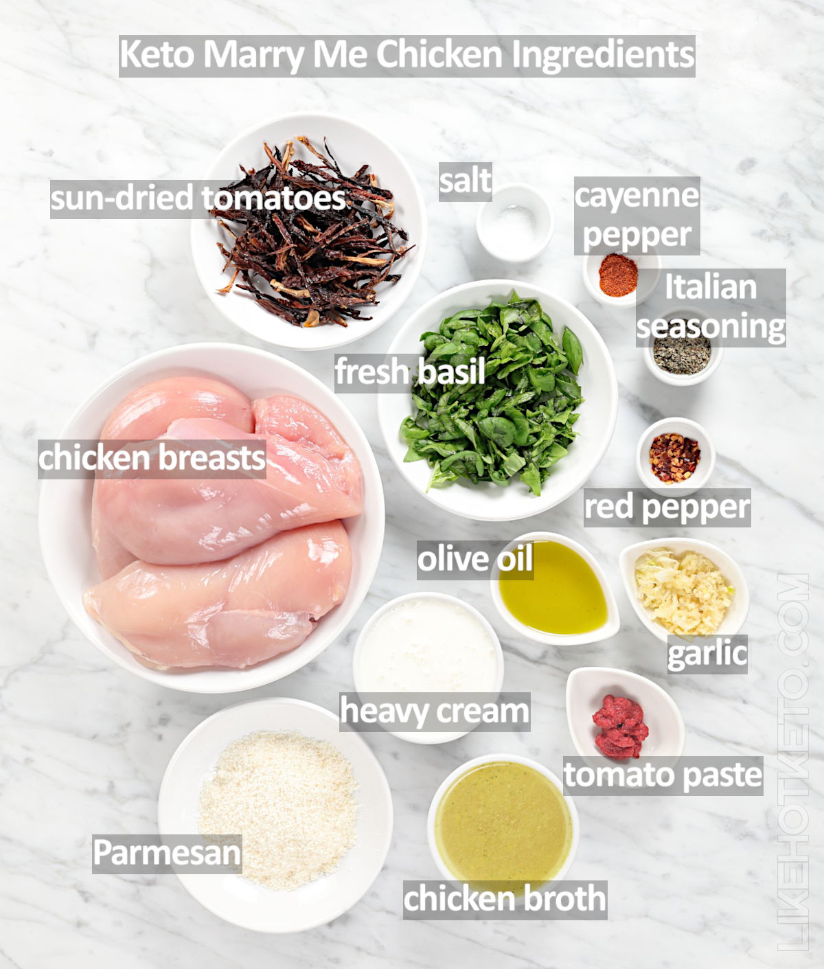 List of ingredients for keto Marry Me Chicken recipe.