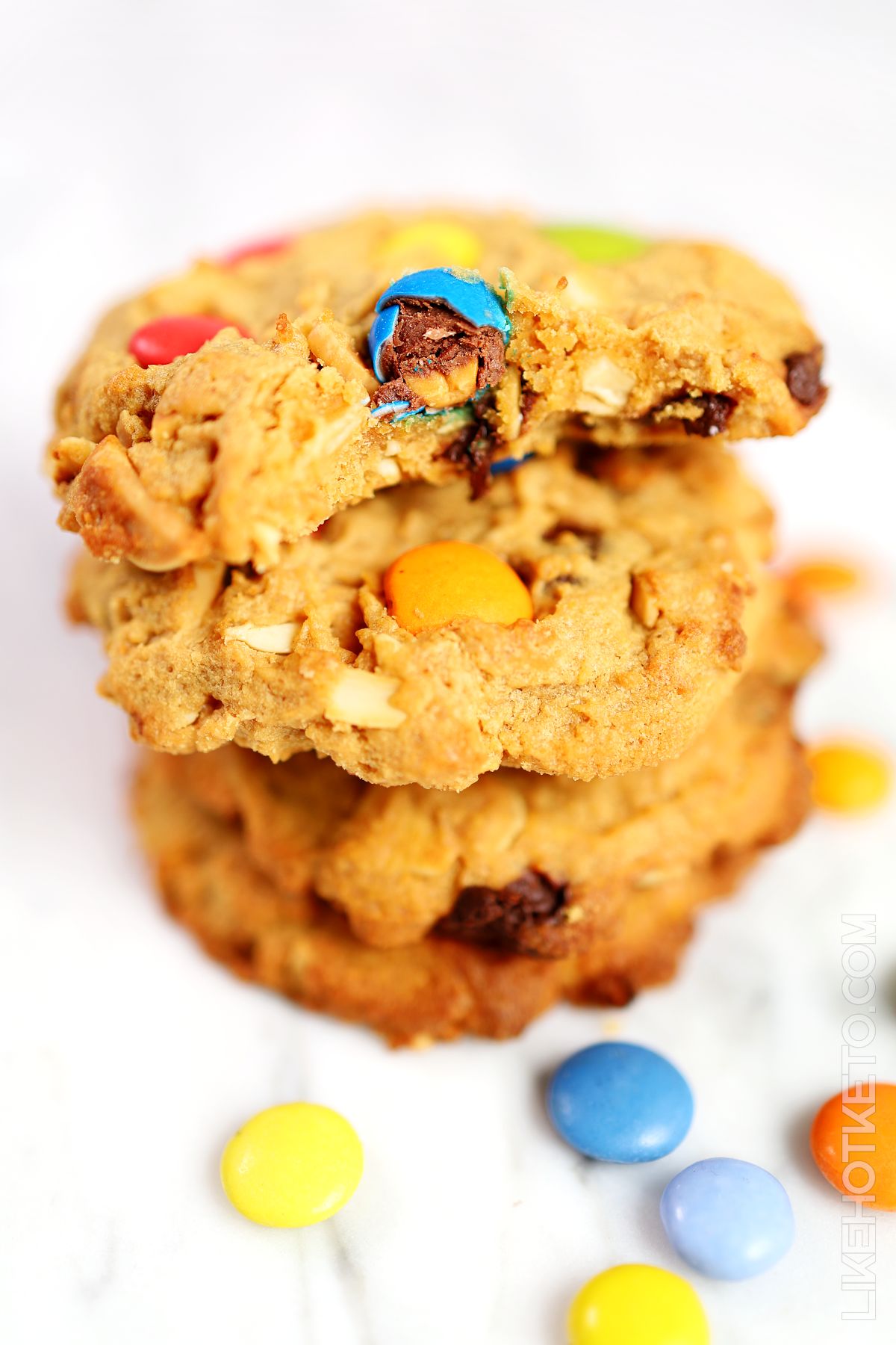 A pile of lupin flour monster cookies with keto M&M's.