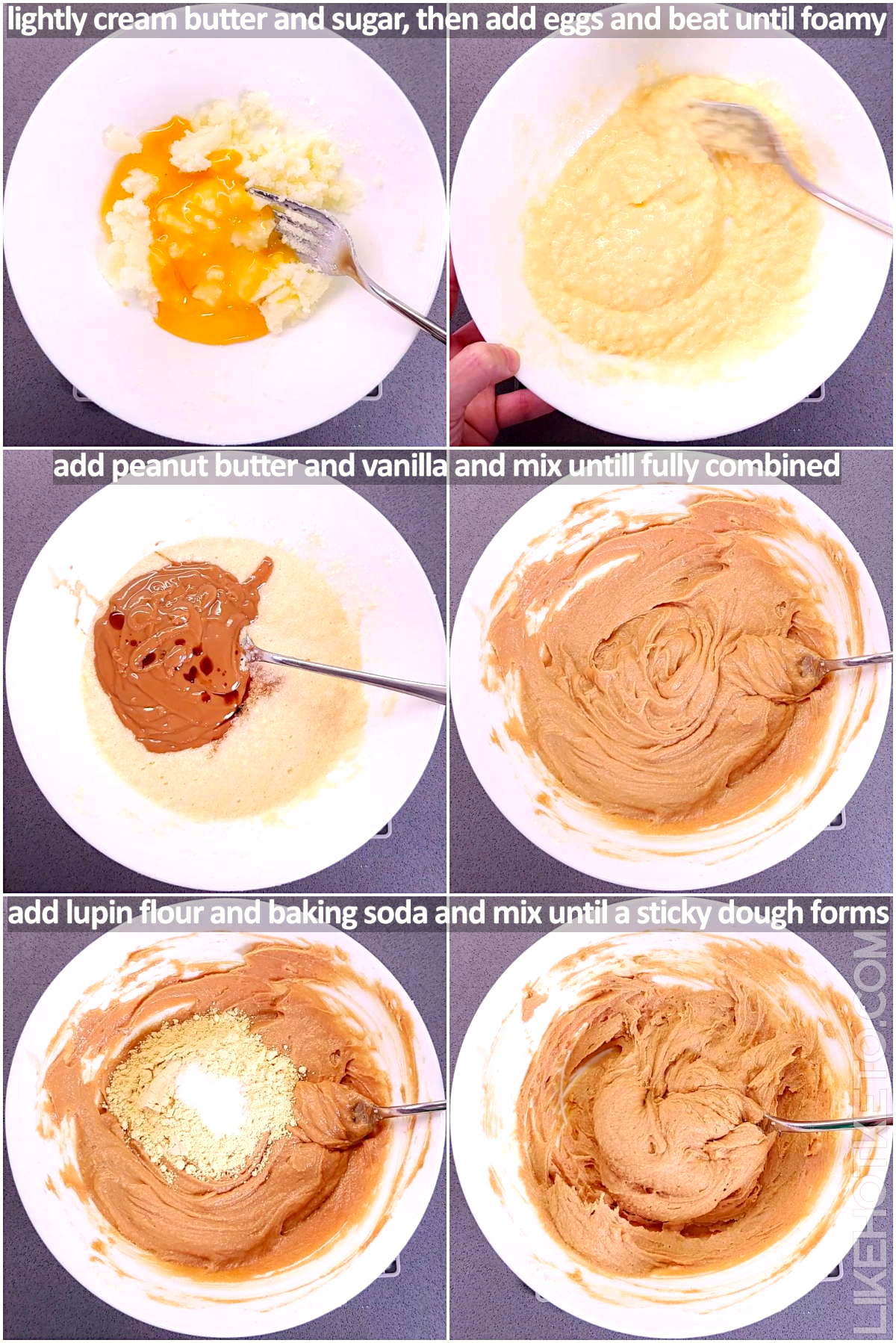 Step by step of how to mix the keto monster cookie dough ingredients and the sticky texture.