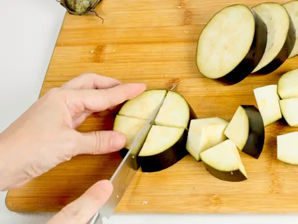 How to slice eggplant in cubes.