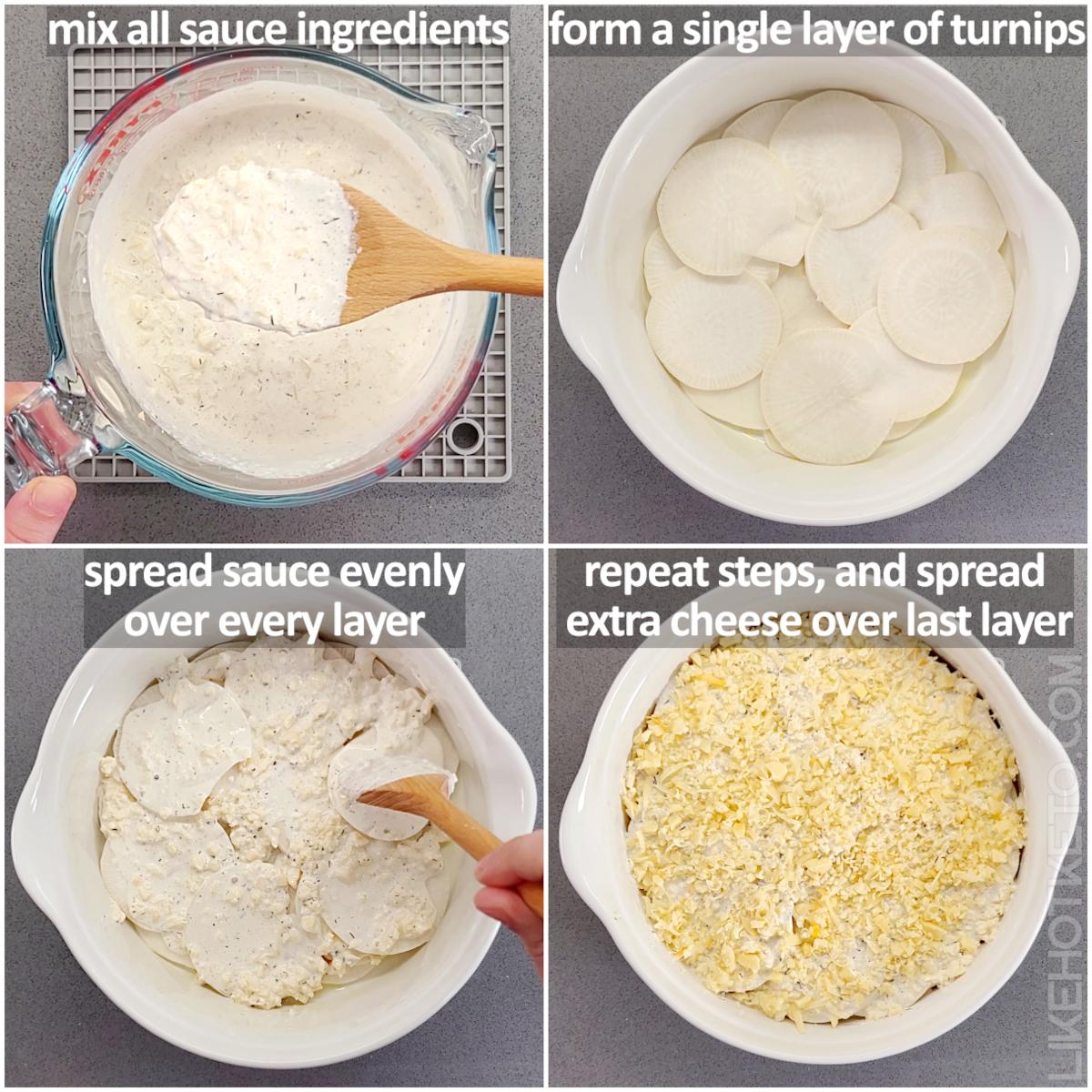 Step by step of making the keto turnip gratin: mixing the creamy sauce, and layering with the sliced turnips and cheese.