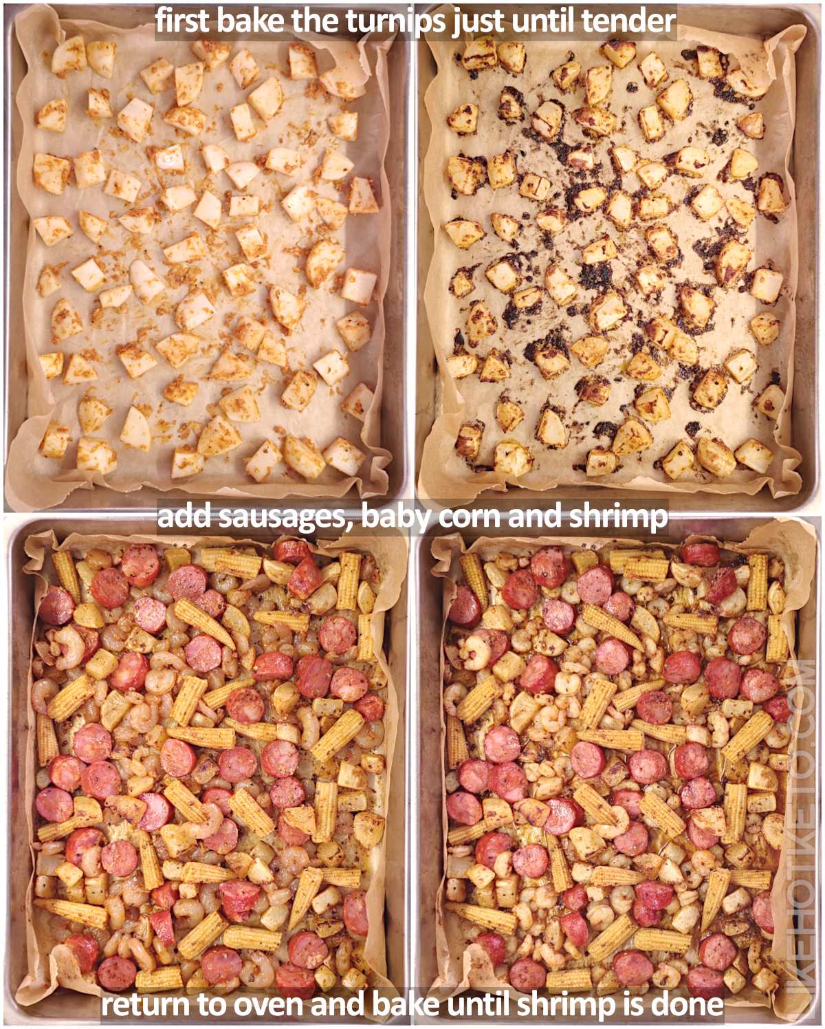 Low-carb shrimp boil in sheet pan before and after baking in the oven.