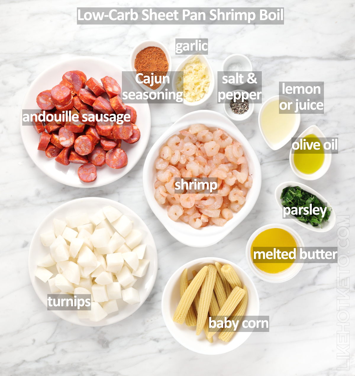 Ingredients for the low-carb shrimp boil in the oven.