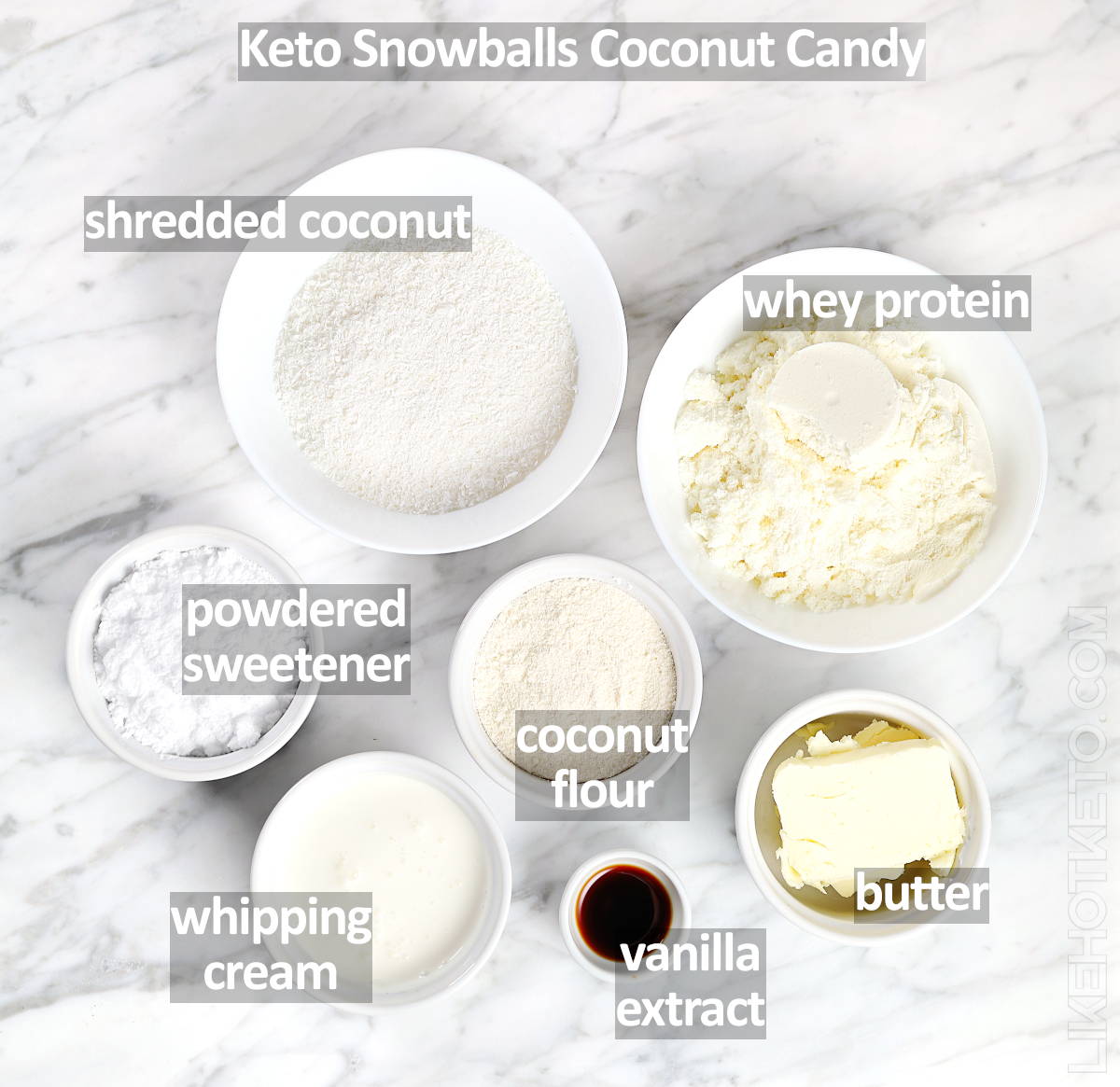 Ingredients to make keto coconut snowball truffles.