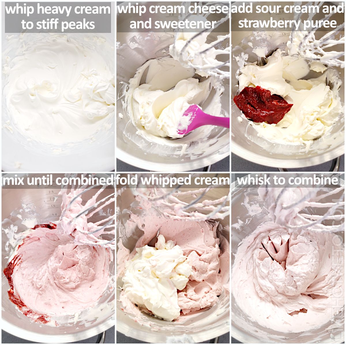 Steps of making the sugar-free strawberry cream cheese frosting.