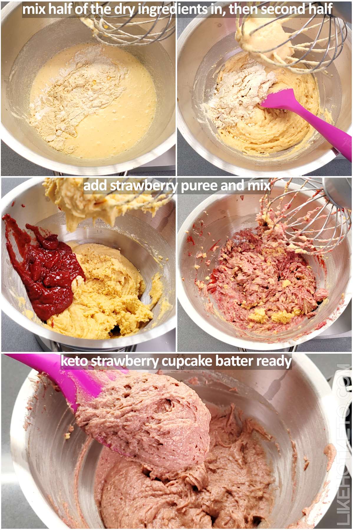 Mixing the keto strawberry cupcake batter.