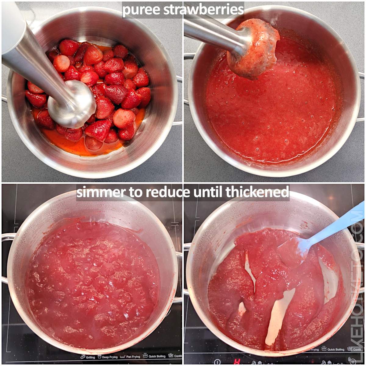 Making the reduction of strawberries for flavoring the keto cupcakes, pureeing and simmering strawberry sauce until thick.