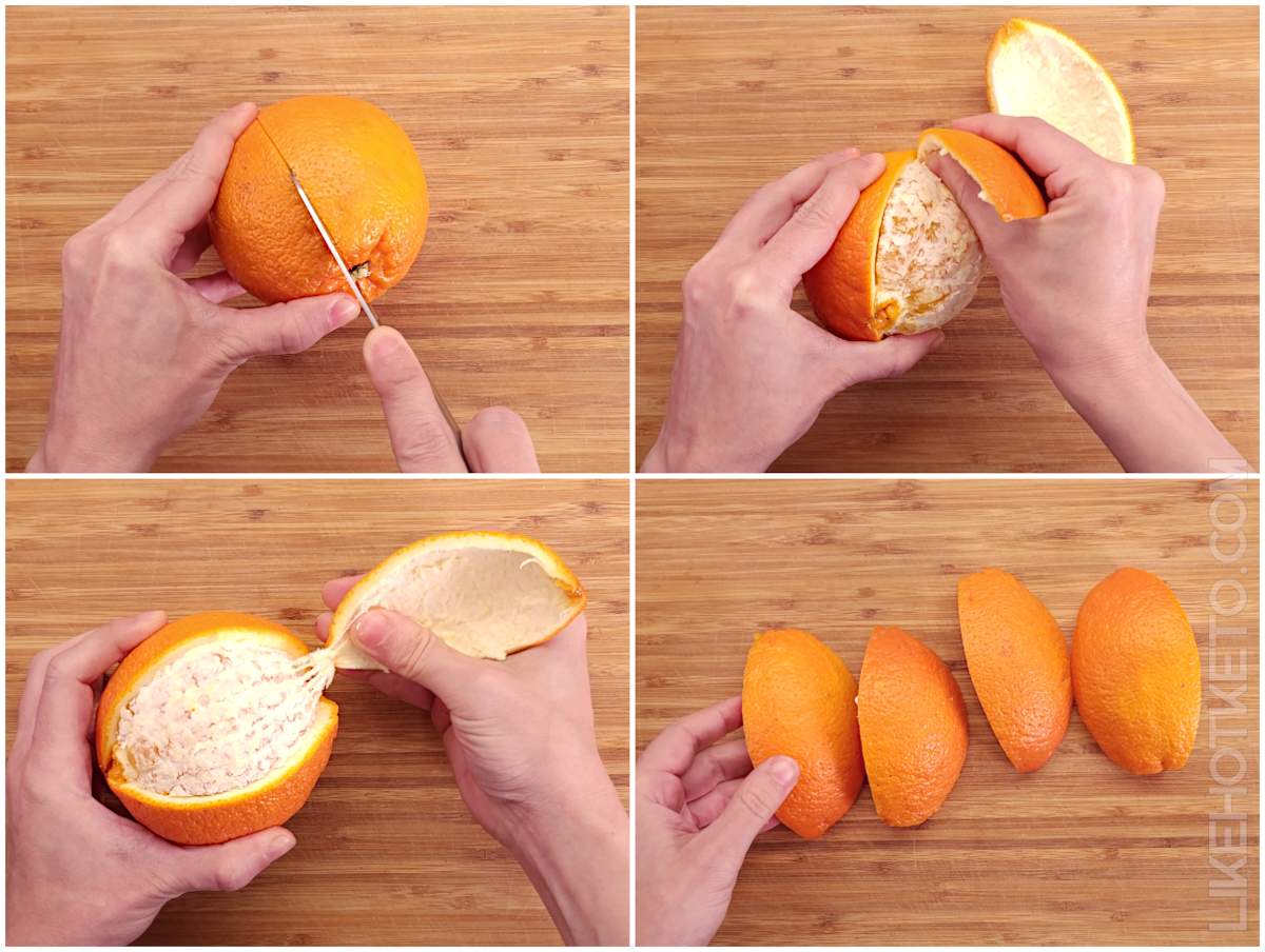 Removing the peels from the orange.