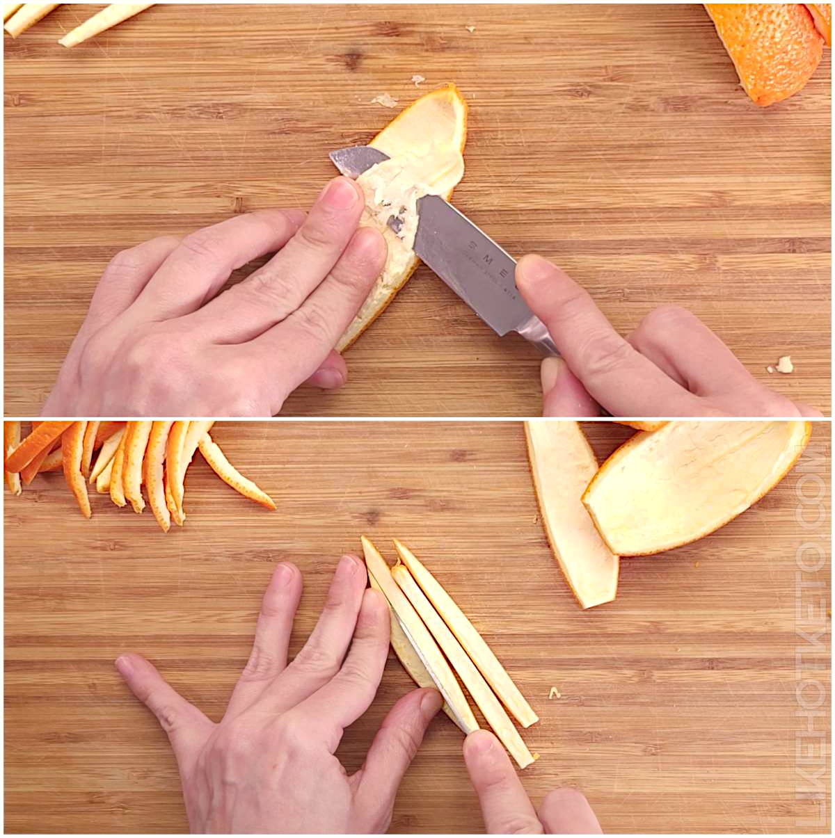 Cutting the orange peels into slices and removing the excess pith.
