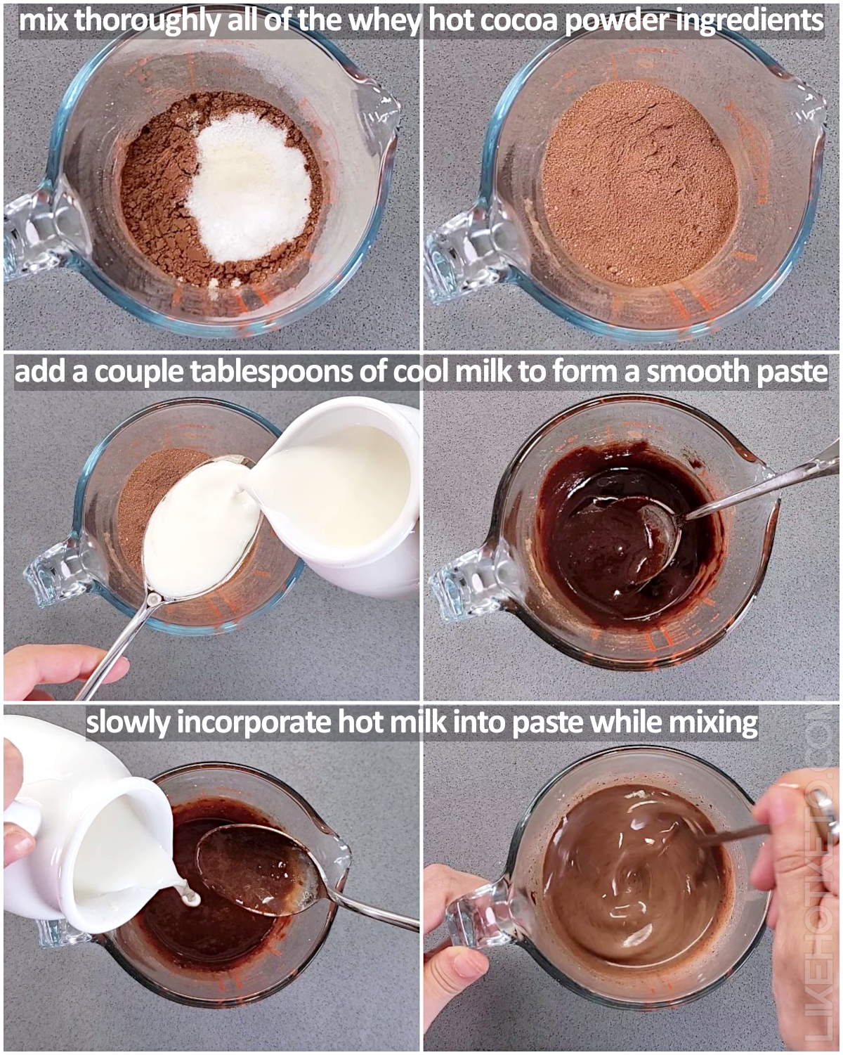 Step by step instructions of how to mix the whey protein hot chocolate.