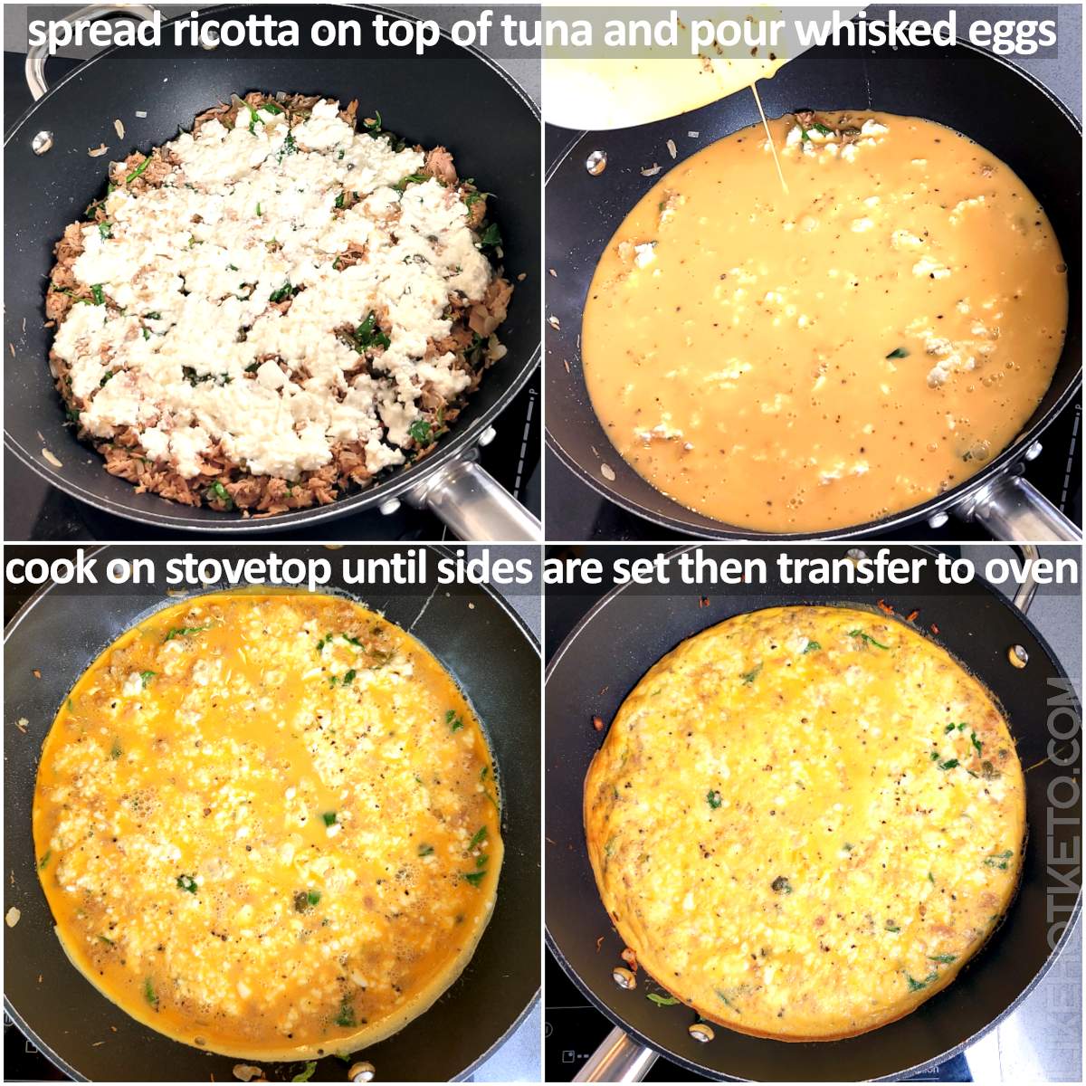 Spreading ricotta on top of sutéd tuna and veggies, and adding the egg mixture for the frittata, plus the before and after frittata baking.
