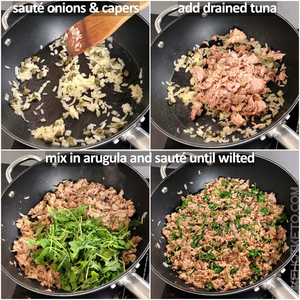 Steps for sautéing the onions, capers, tuna and arugula.
