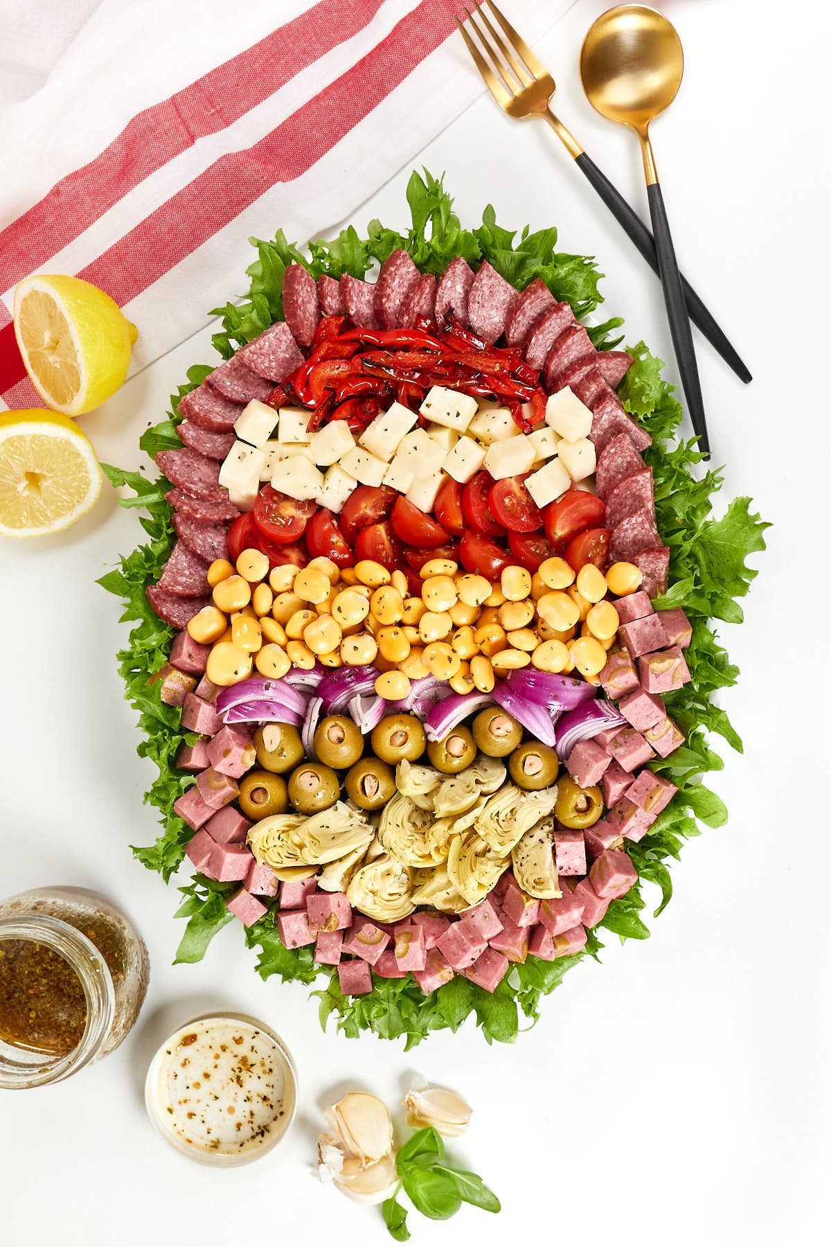 Lupini bean antipasto salad in a large party platter.